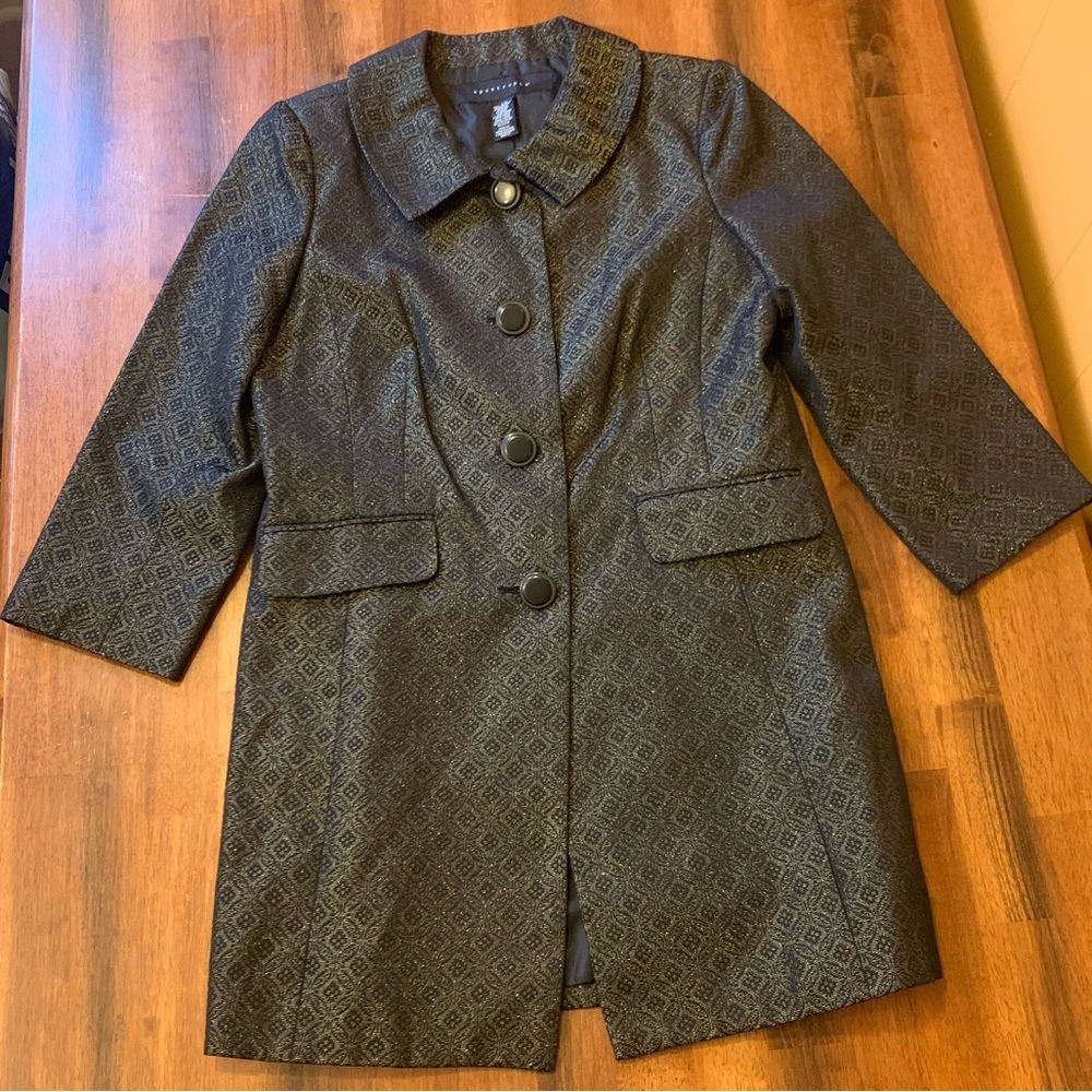 Apostrophe coat size Large Black Gold Shimmer Brocade Mandela design Long